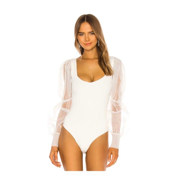 NBD Tops - NBD Blaine Scoop Neck Puff Sleeve Bodysuit Womens White Size Medium